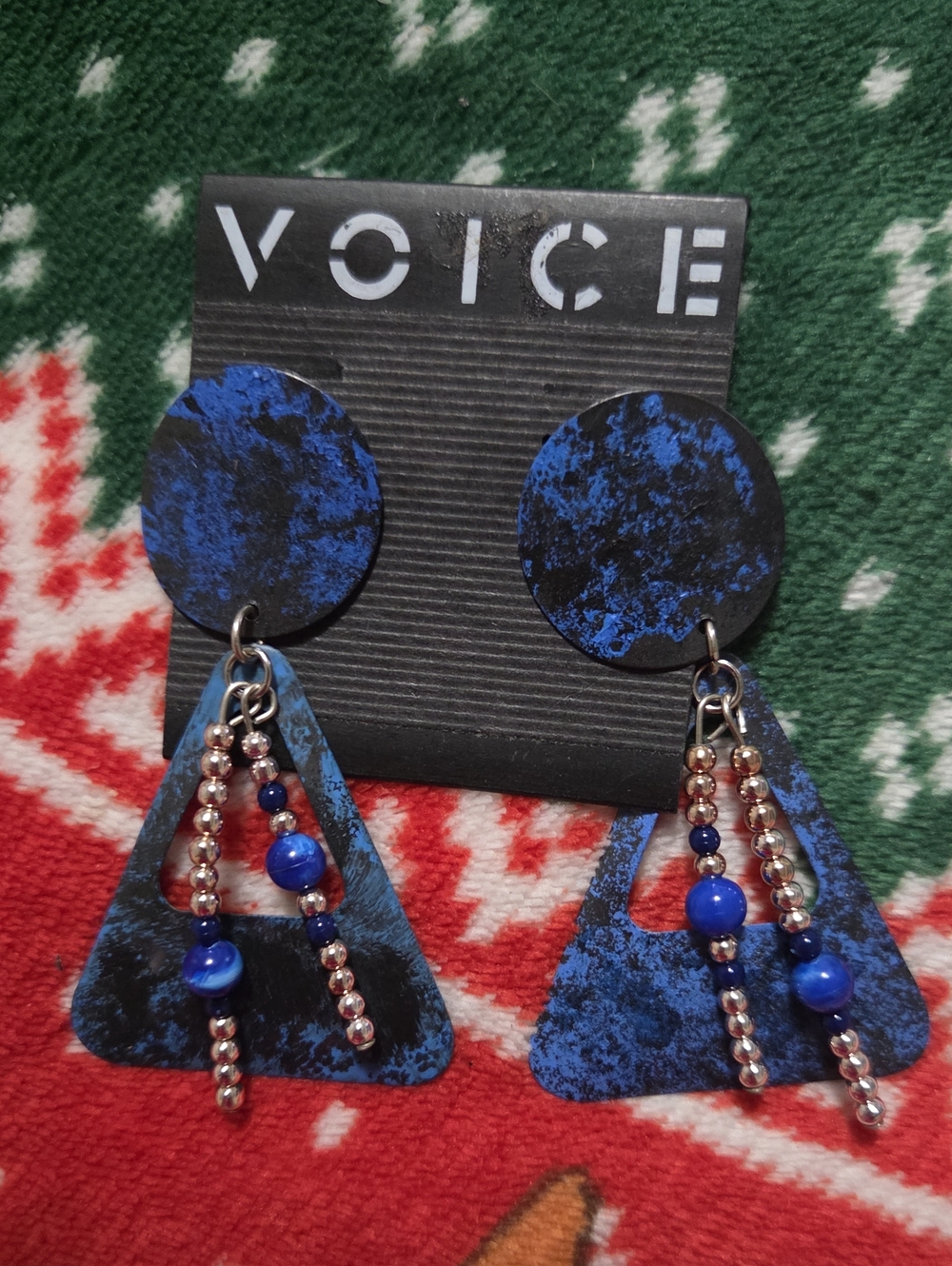VOICE Blue Marbled Drop Earrings with Bead Fringe